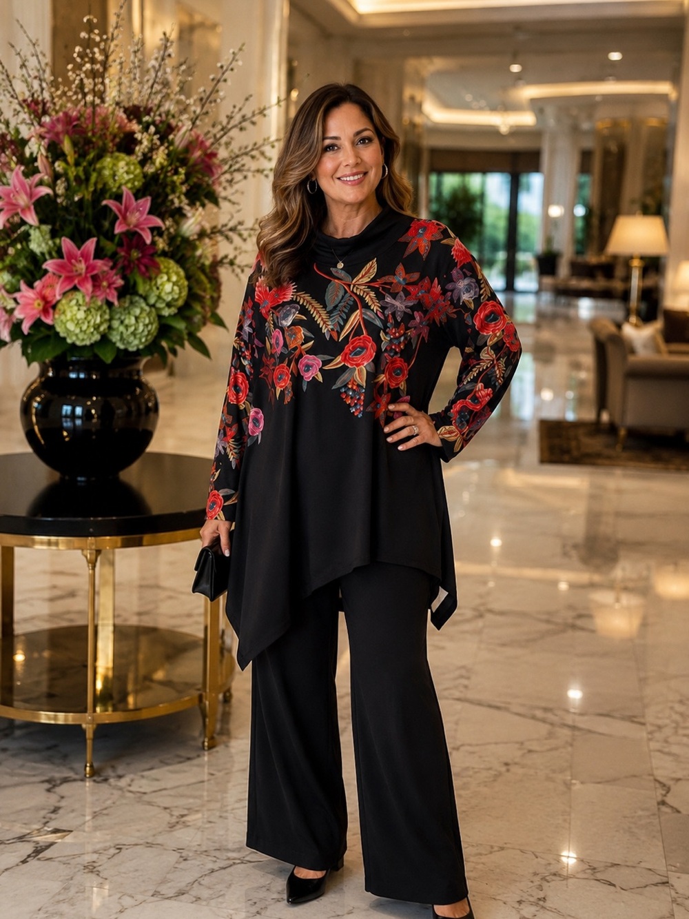 Black Floral Asymmetrical Tunic
